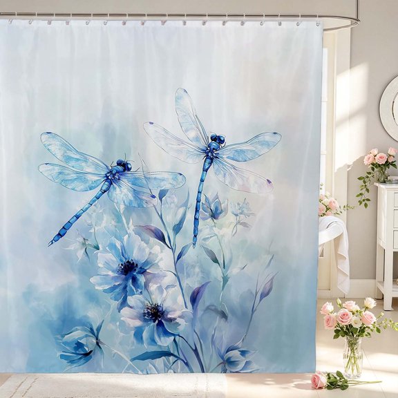 Erosebridal Rustic Dragonfly Shower Curtain 72Wx72L,Watercolor Flowers Bathroom Curtain,White Blue