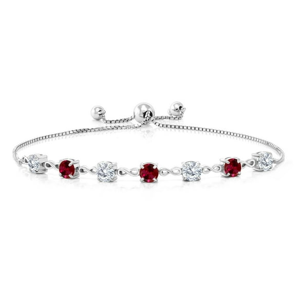 Gem Stone King 925 Sterling Silver Round White Moissanite and Red Created Ruby Tennis Bracelet for Women (2.52 Cttw, Gemstone Birthstone, Round 4.5MM, Fully Adjustable up to 9 inch)