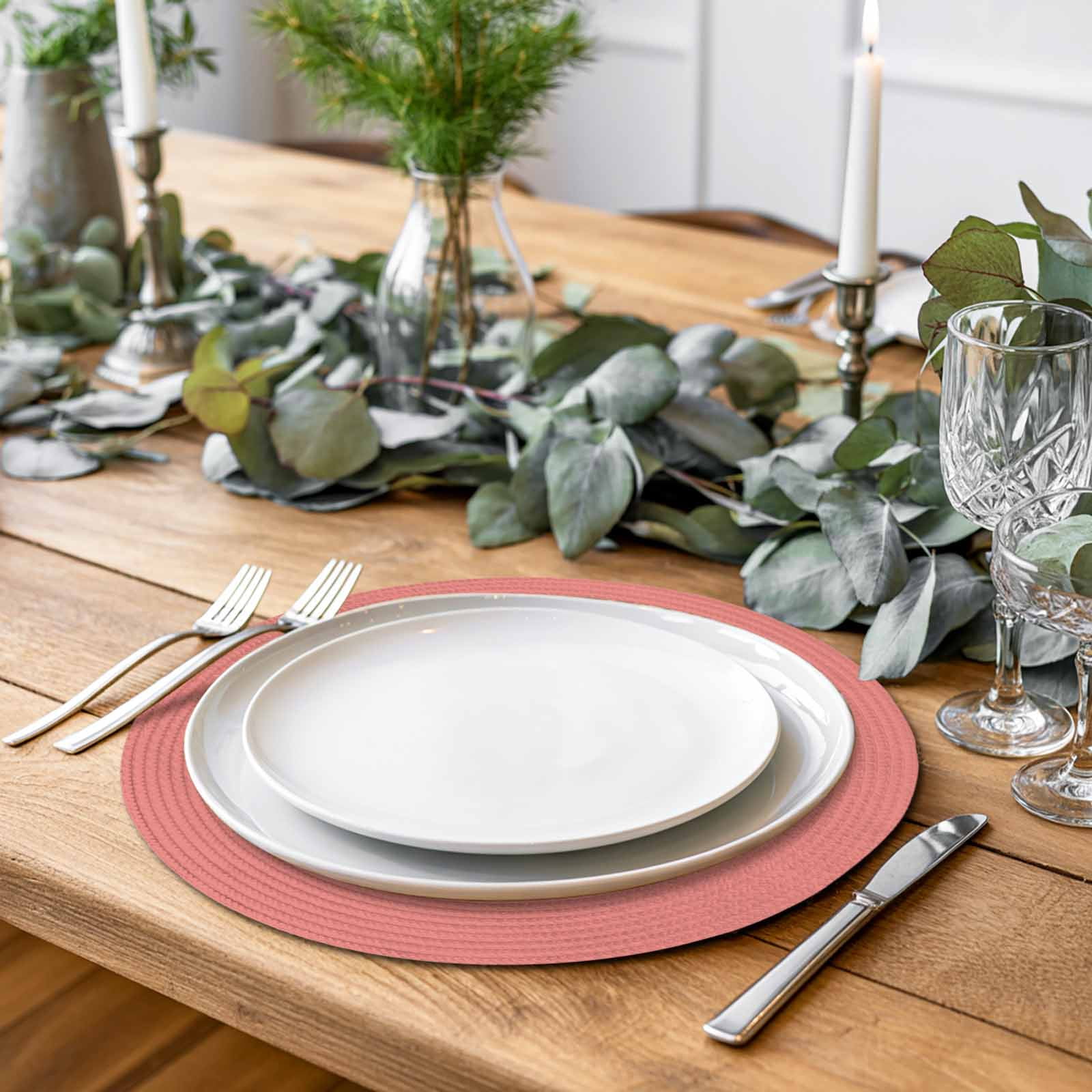 Round Placemats Coral Red 15 inch Set of 6 Table Mats for Dining Table Solid Color Heat Resistant Non-Slip Kitchen & Home Decorative Place Mat Set
