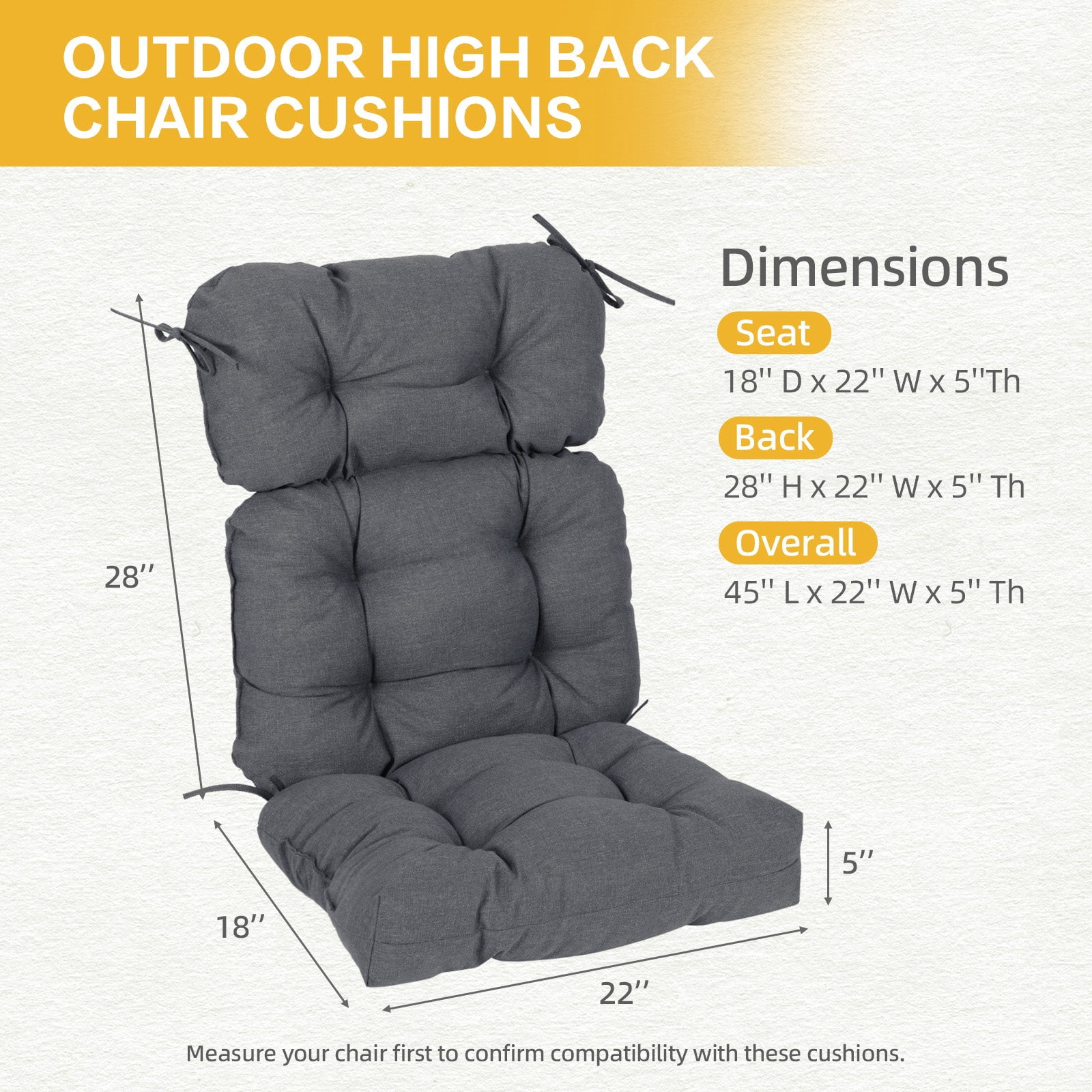 BPS Outdoor Chair Cushions, 45x22x5 Inch High Back Patio Dining Seat Cushion, Tufted Pads Set of 2, Dark Gray