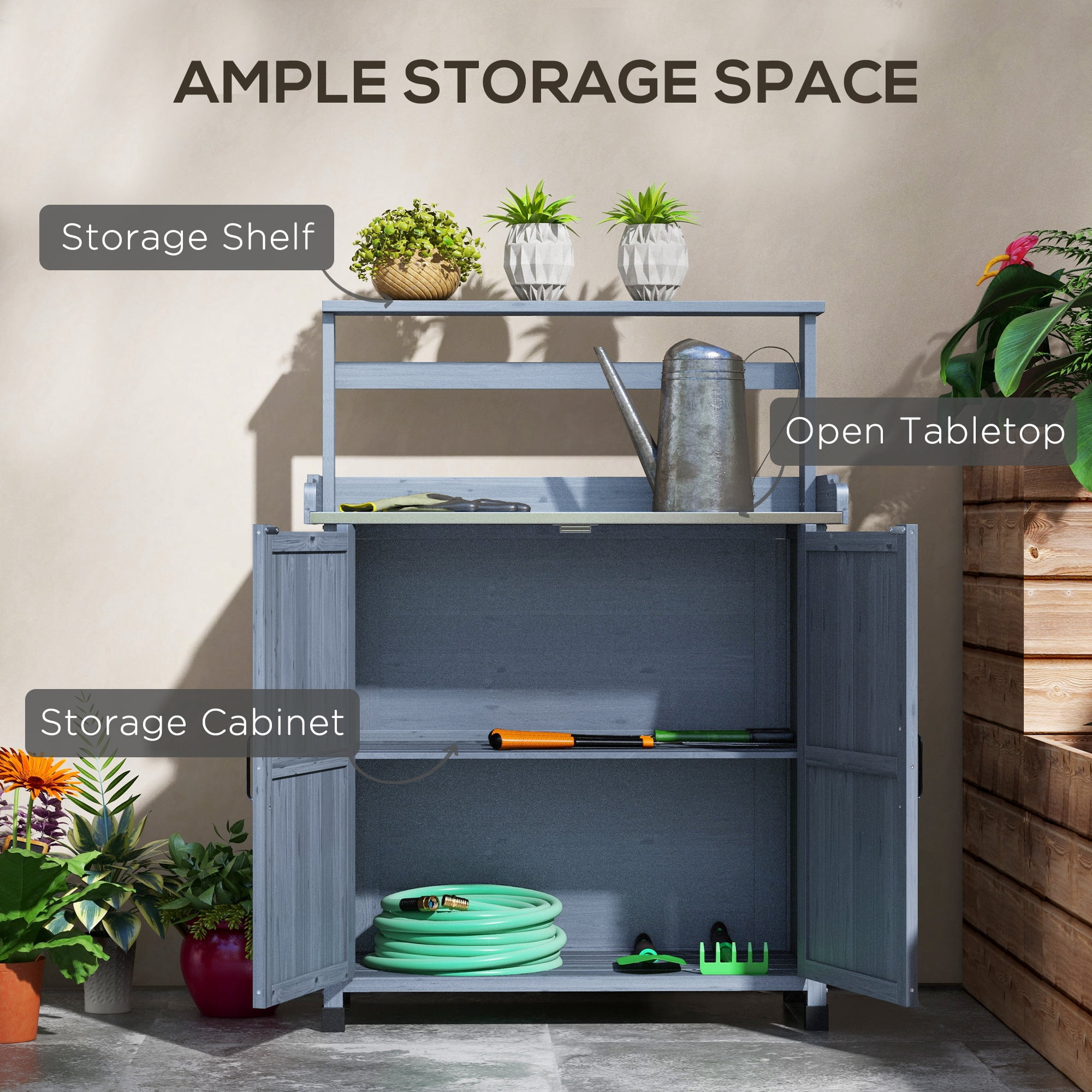 Potting Bench, Outdoor Wooden Potting Table with Storage Cabinet with 2 Shelves, Garden Work Bench with Galvanized Plated Tabletop for Backyard, Balcony, Gray