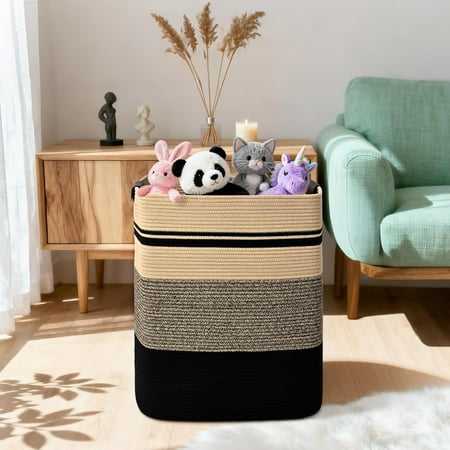 Tall Laundry Hamper, 95L Cotton Woven Storage Basket with Leather Handles, Value Set, Multipurpose Organizer for Bedroom, Nursery, and Living Room