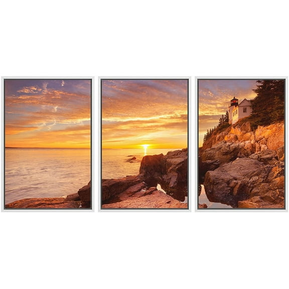wall26 3 Piece Framed Canvas Wall Art - The Bass Harbor Head Lighthouse in Acadia National Park, Maine, USA - Modern Home Art Stretched and Framed Ready to Hang - 24"x36"x3 White