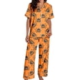 thumbnail image 3 of Lounge Sets for Women BWASD Cozy Satin Printed Pajama Set Short Sleeve Top and Pants Home Wear Sleepwear Halloween Autumn Holiday Night for Halloween Funny Gift Orange,XL, 3 of 5