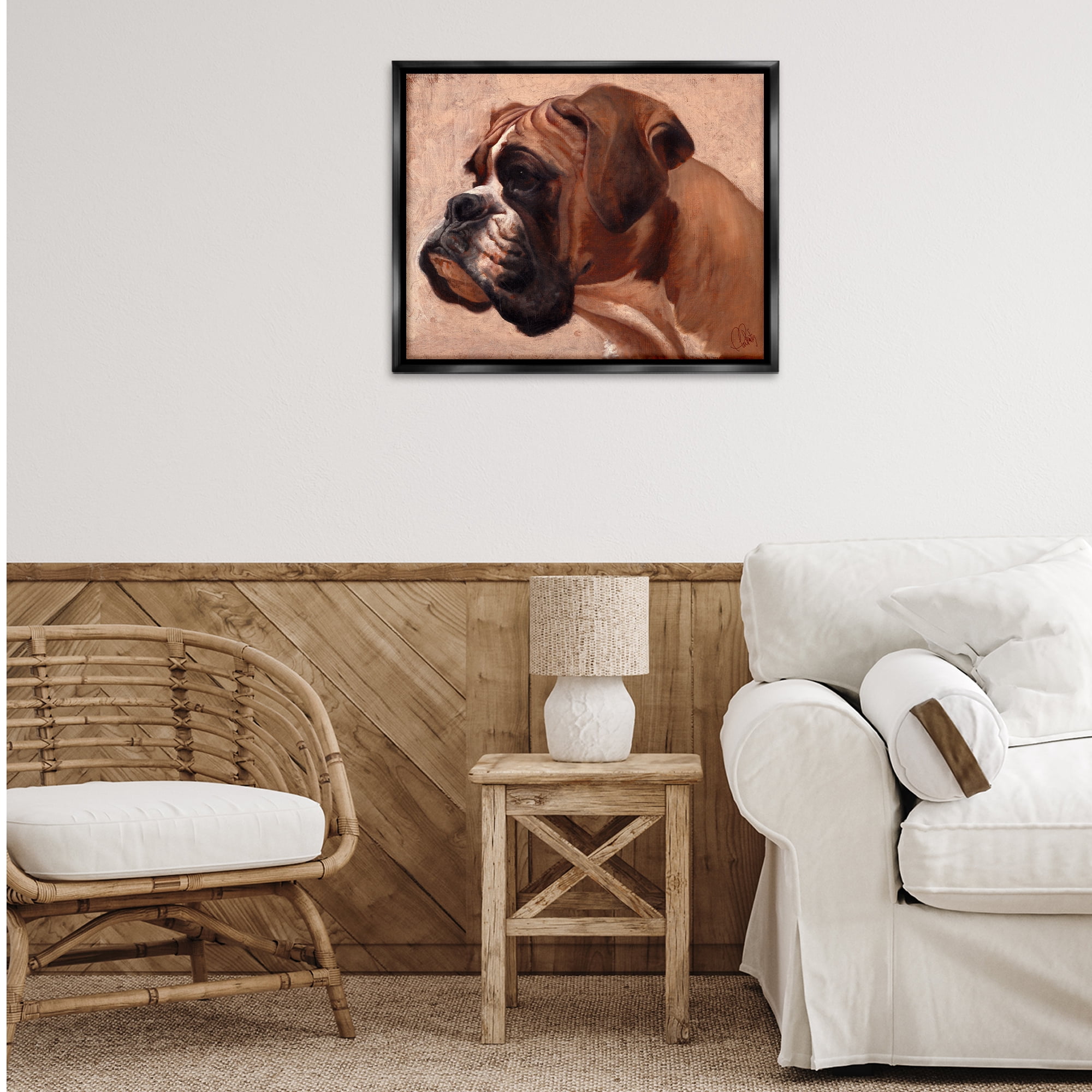 Stupell Industries Boxer Dog Neutral Portrait Animals & Insects Painting Black Floater Framed Canvas Art Print Wall Art, 31 x 25