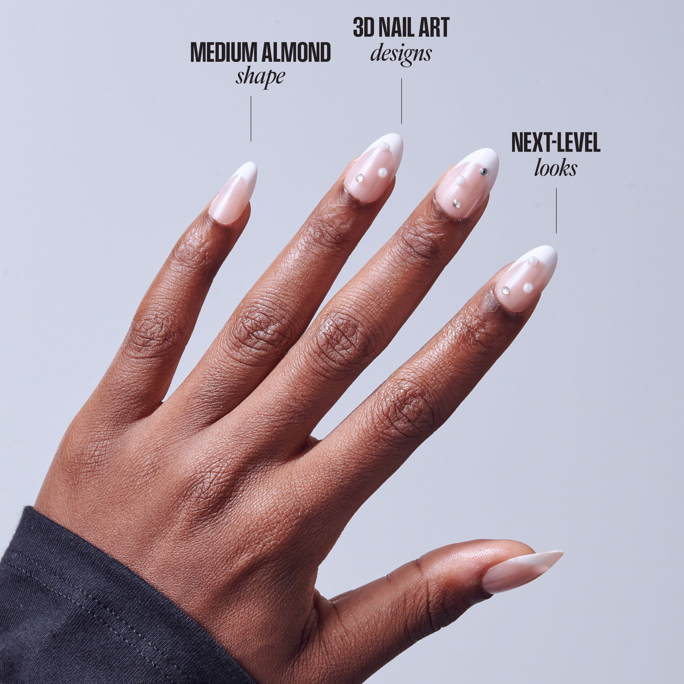Kiss Glam 3D & Jeweled Press On Nails Almond, ‘Serendipity Awaits’, Neutral, Medium, 32 Count