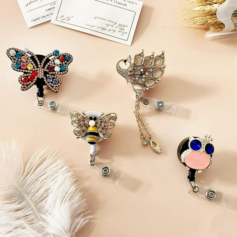 4 Pieces Rhinestone Retractable Badge Reel Bling,Owl Butterfly Bee Peacock  Bling Diamond Badge Reel Holder with Alligator Clip,Cute Animal Name ID  Badge Reel Clip for Nurse Doctor Teacher 