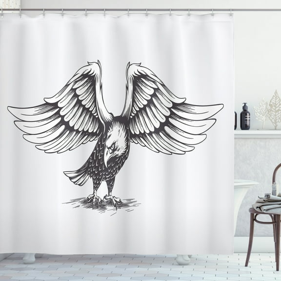 Eagle Shower Curtain, Detailed Bald Eagle American National Bird Freedom and Democracy Symbol, Fabric Bathroom Set with Hooks, 69W X 84L Inches Extra Long, Pale Grey and Black, by Ambesonne