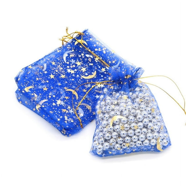 Nvzi 100 bolsas de organza navideñas de 5,11 x 7,08 pulgadas con cordón y diseño de estrellas y luna, bolsas de malla para regalos de bodas, fiestas, dulces (azul)