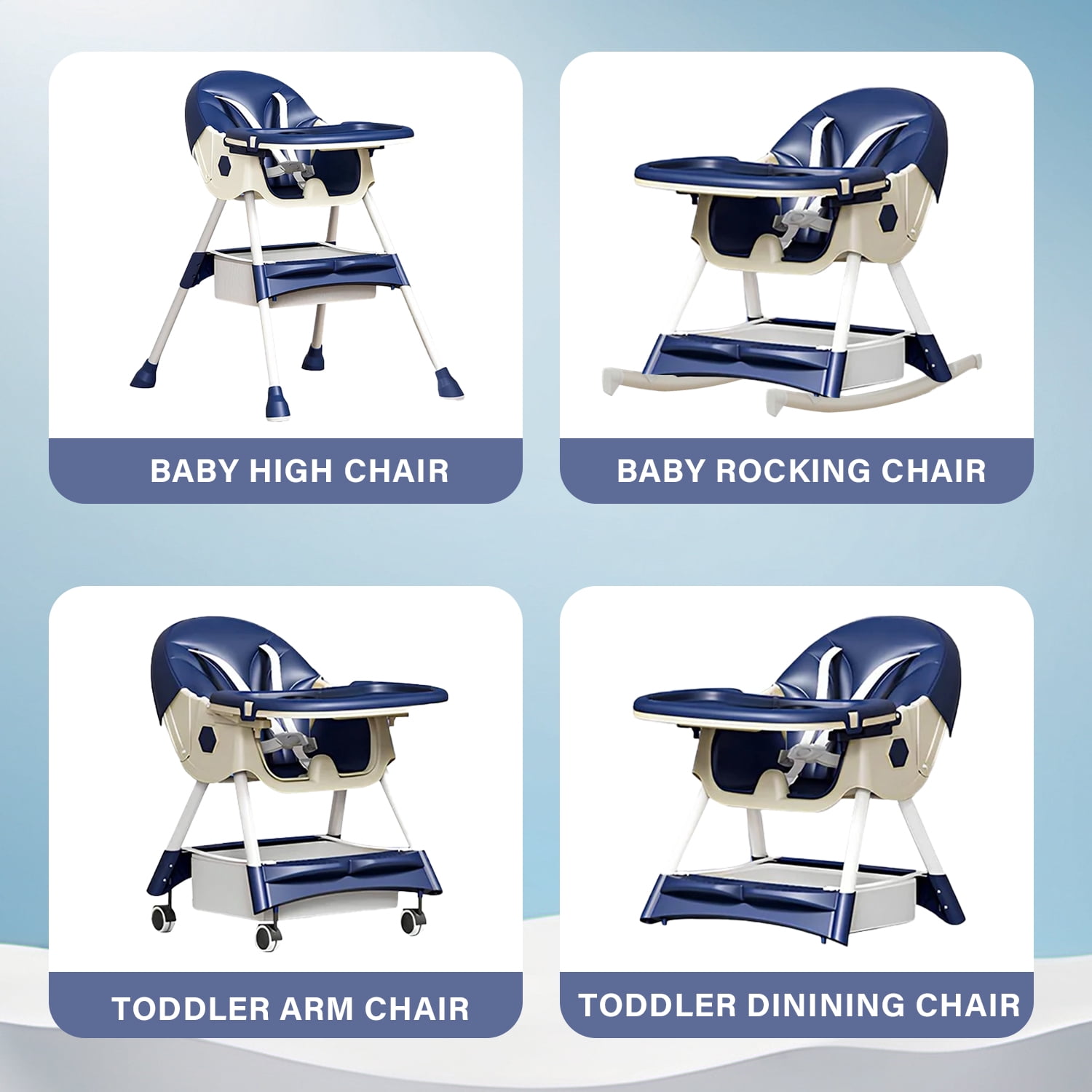 KFeng 4-in-1 Foldable Baby High Chair,Combines Play and Dining,Adjustable Dual Layer Tray and Backrest,Blue