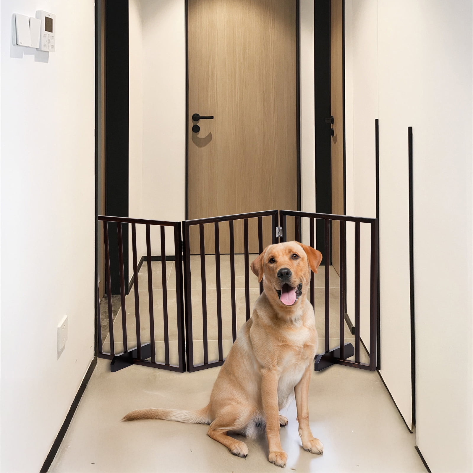 HiiKaa Wooden Freestanding Foldable Pet Gate for Dogs,24 inch 3 Panels Step Over Fence,Dog Gate for The House,Doorway, Stairs,Extra Wide (Walnut, 24" Height)