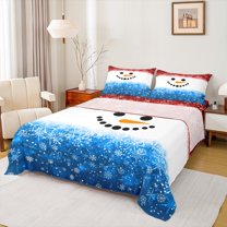 Homewish Cute Snowman Full Size Sheets,Christmas Xmas Snowflake Bed Sheets,Wwhite Red Blue Sheet Sets For Girl Kids,Microfiber Bedroom Decor,4-Piece