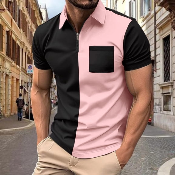 EWASWON Men's Slim Fit Short Sleeve Polo Shirts - Color Block Design with Chest Pocket, Summer Casual Stretch Fabric,Pink,Size XL