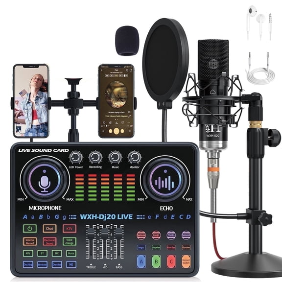 Podcast Equipment Bundle, BAOKALER 48V XLR Large Diaphragm Condenser Microphone with Live Sound Card, Condenser Microphone Bundle for Studio Recording & Broadcasting