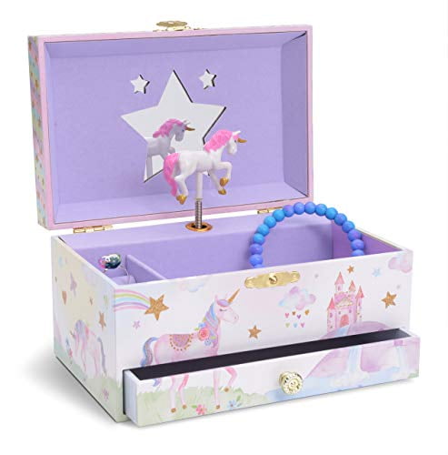 JewelKeeper Girl's Musical Jewelry Storage Box with Pullout Drawer, Glitter Rainbow and Stars Unicorn Design, The Unicorn Tun