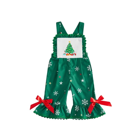 RUINIXCW Toddler Girls Christmas Overalls Christmas Tree/Deer Embroidery Sleeveless Bow Decor Bell Bottom Romper Jumpsuit
