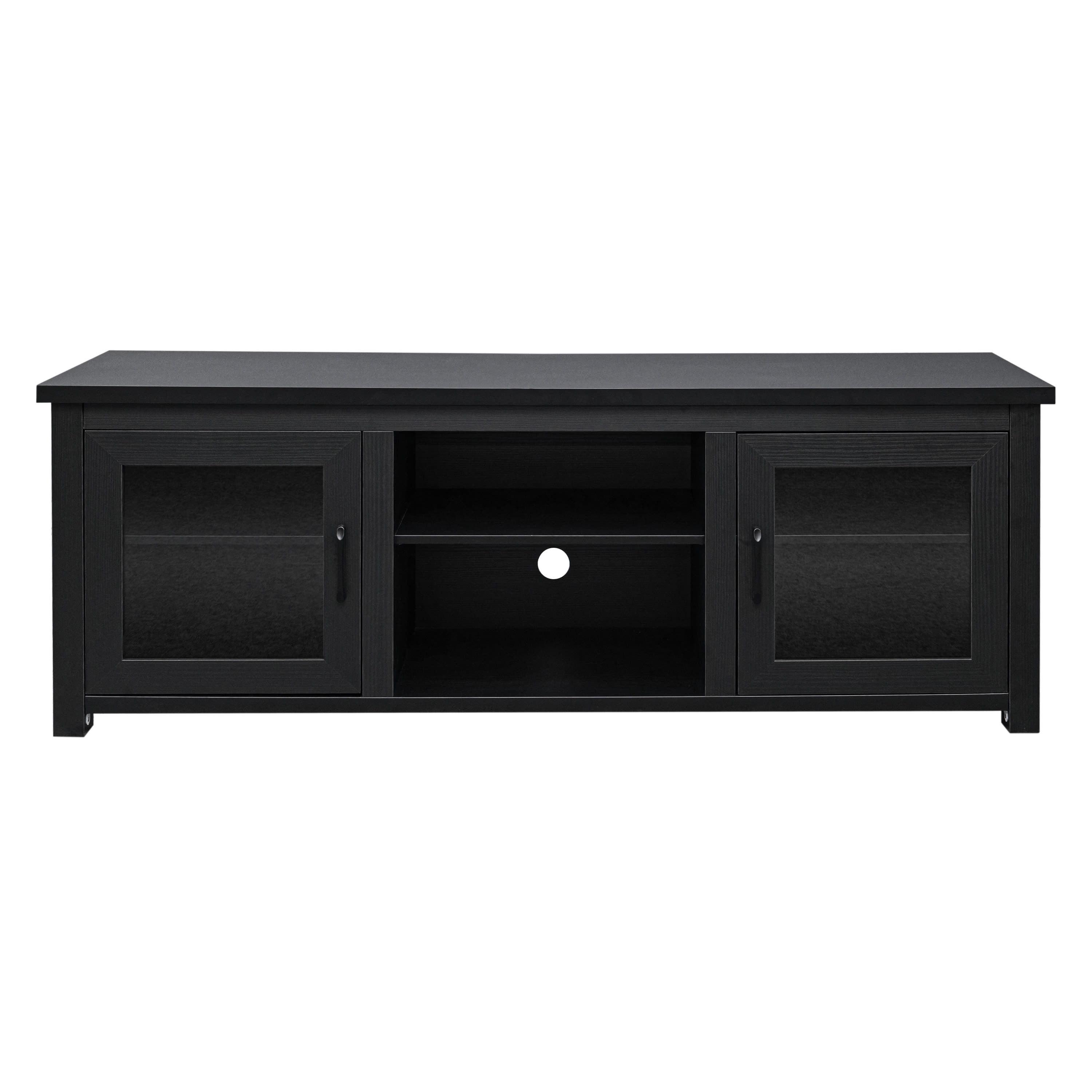 BizChair Sheffield Classic TV Stand for up to 80" TVs - Modern Black Finish with Full Glass Doors - 65" Engineered Wood Frame - 3 Shelves