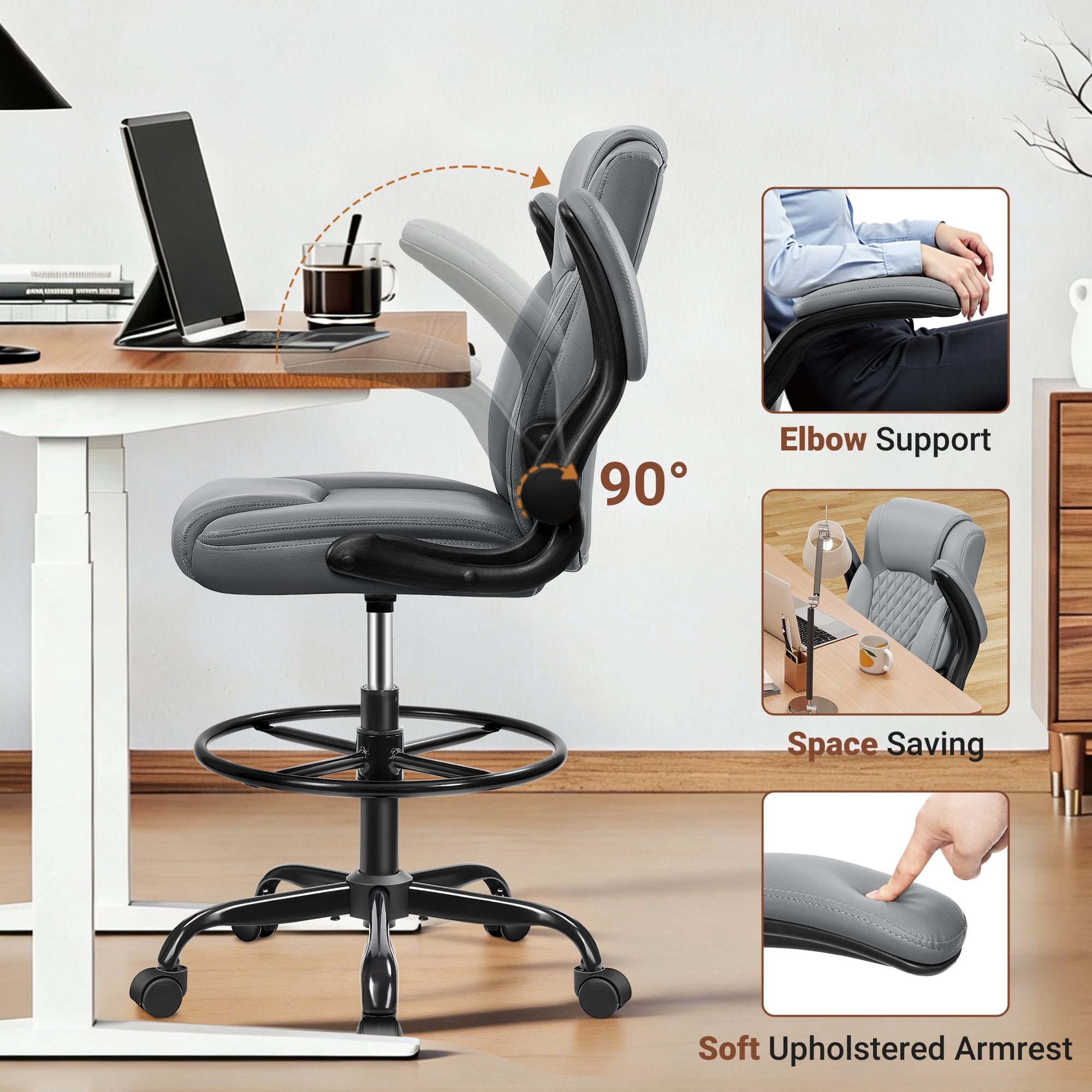 COOLHUT High Back Office Chair with Flip-Up Armrests, PU Leather Executive Ergonomic Computer Chair, Features Lumbar Support, Adjustable Foot Ring for Standing Desks, Home Offices, Gray