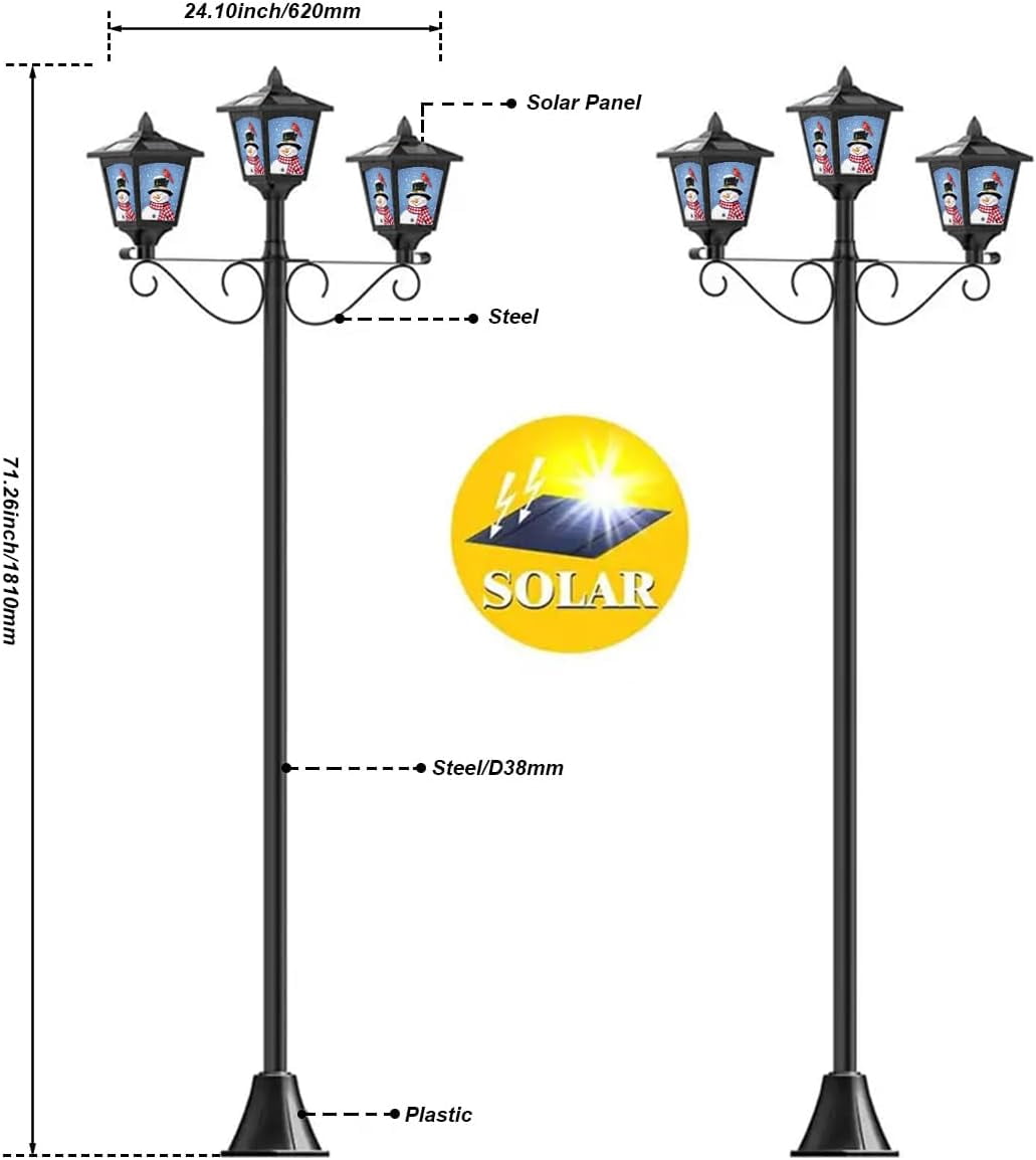 Solar Fence Post Light 72" Outdoor Waterproof, Black Vintage Lamp with Snowman Red Bird Christmas Decoration