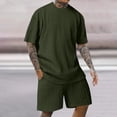 thumbnail image 2 of VBTAPA Mens Summer 2 Piece Outfits Solid Color Knitting Cotton T Shirt and Shorts Set Loose Comfy Lounge Track Suit Sets with Pockets Army Green XXXXL, 2 of 7