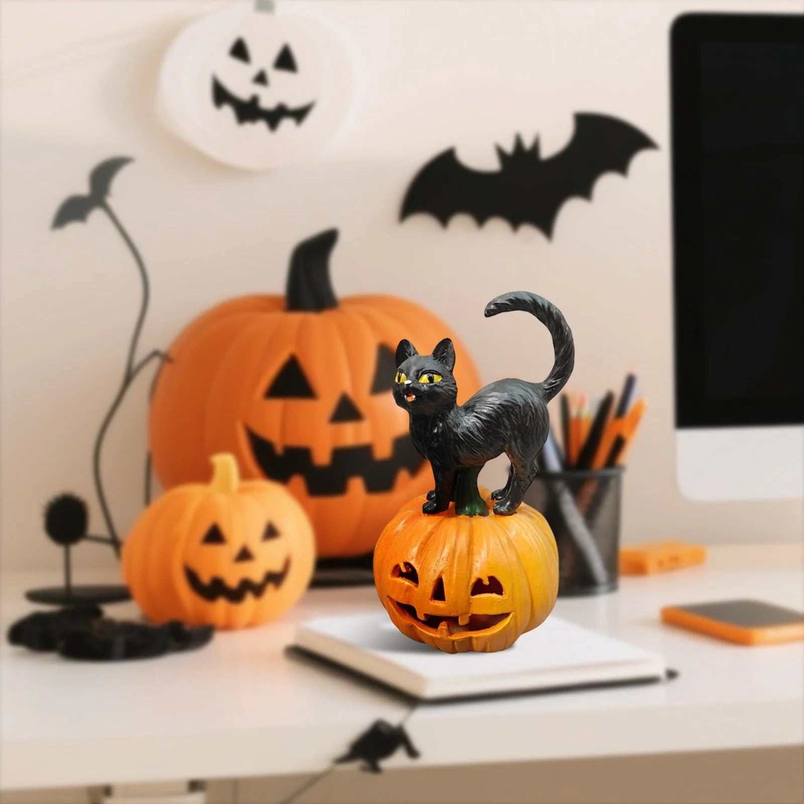 Huwena Lot de 24 mini fantômes miniatures lumineux en résine pour Halloween - Figurines de citrouille phosphorescentes - Décoration de jardin pour Halloween, fête en plein air, accessoires de maison