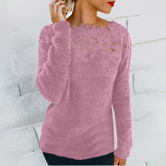 Women's Floral Lace Patchwork Knit Sweater Crewneck Lace Patchwork Solid Color Long Sleeve Casual Knit Pullover Sweater Tops