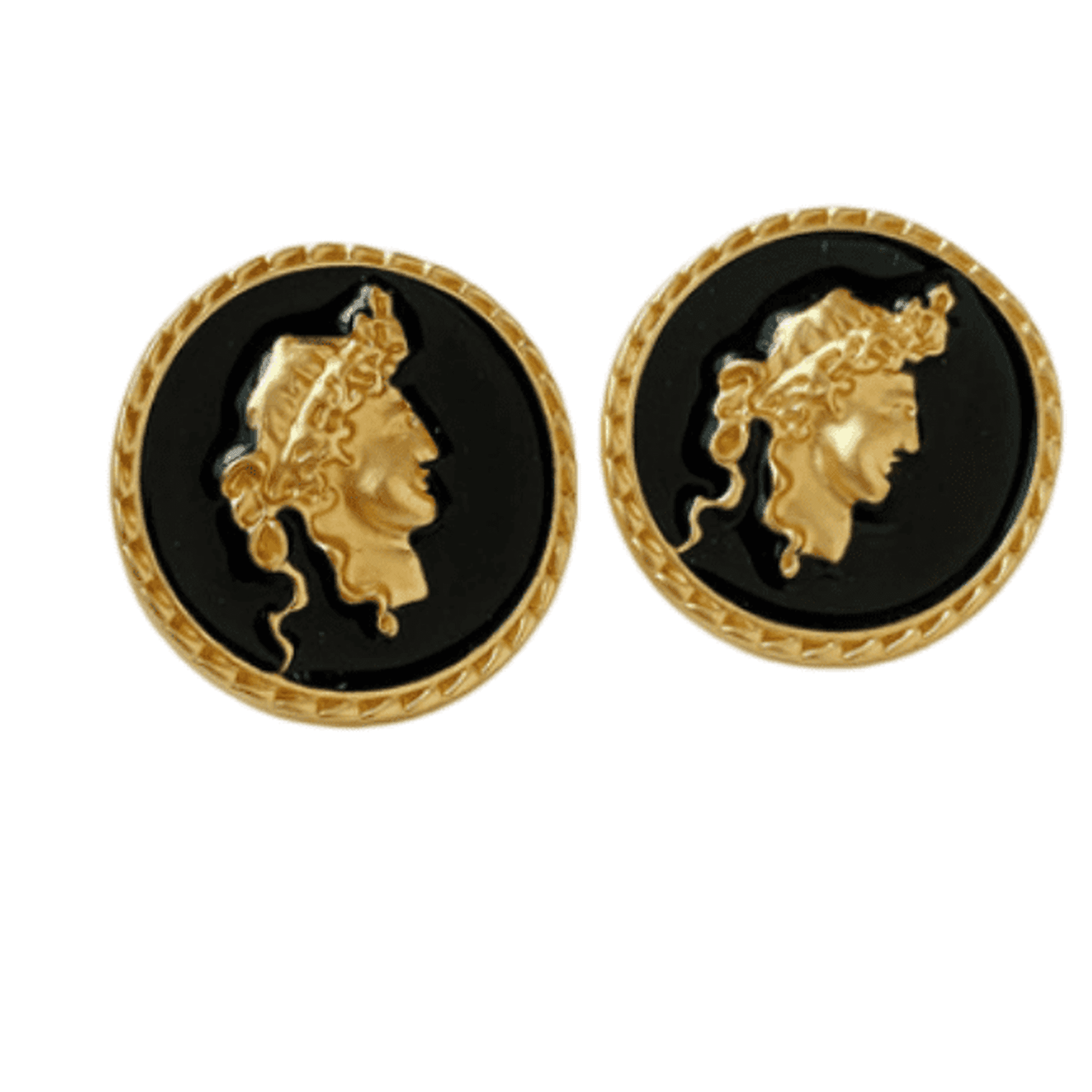 JustMe Vintage Queen Portrait Round Stud Earrings, Black Enamel Gold Twist Rim Coin Earrings, Retro Baroque Relief Figure Button Jewelry for Women