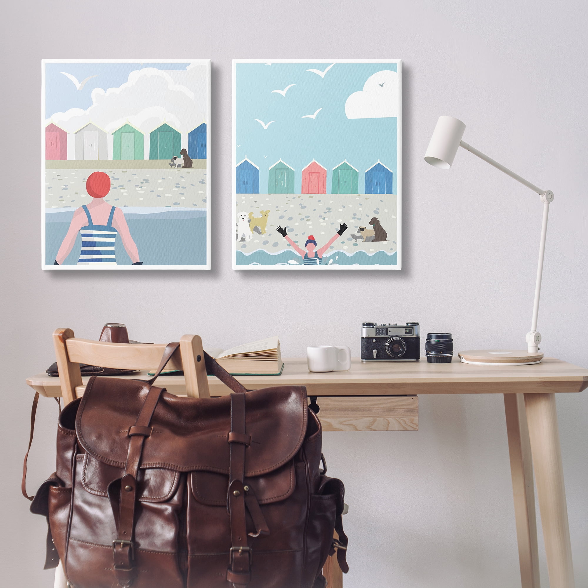 Stupell Industries Beach Changing Huts Dogs Nautical & Beach Painting Wrapped Canvas Art Print Wall Art, 24 x 30, Set of 2