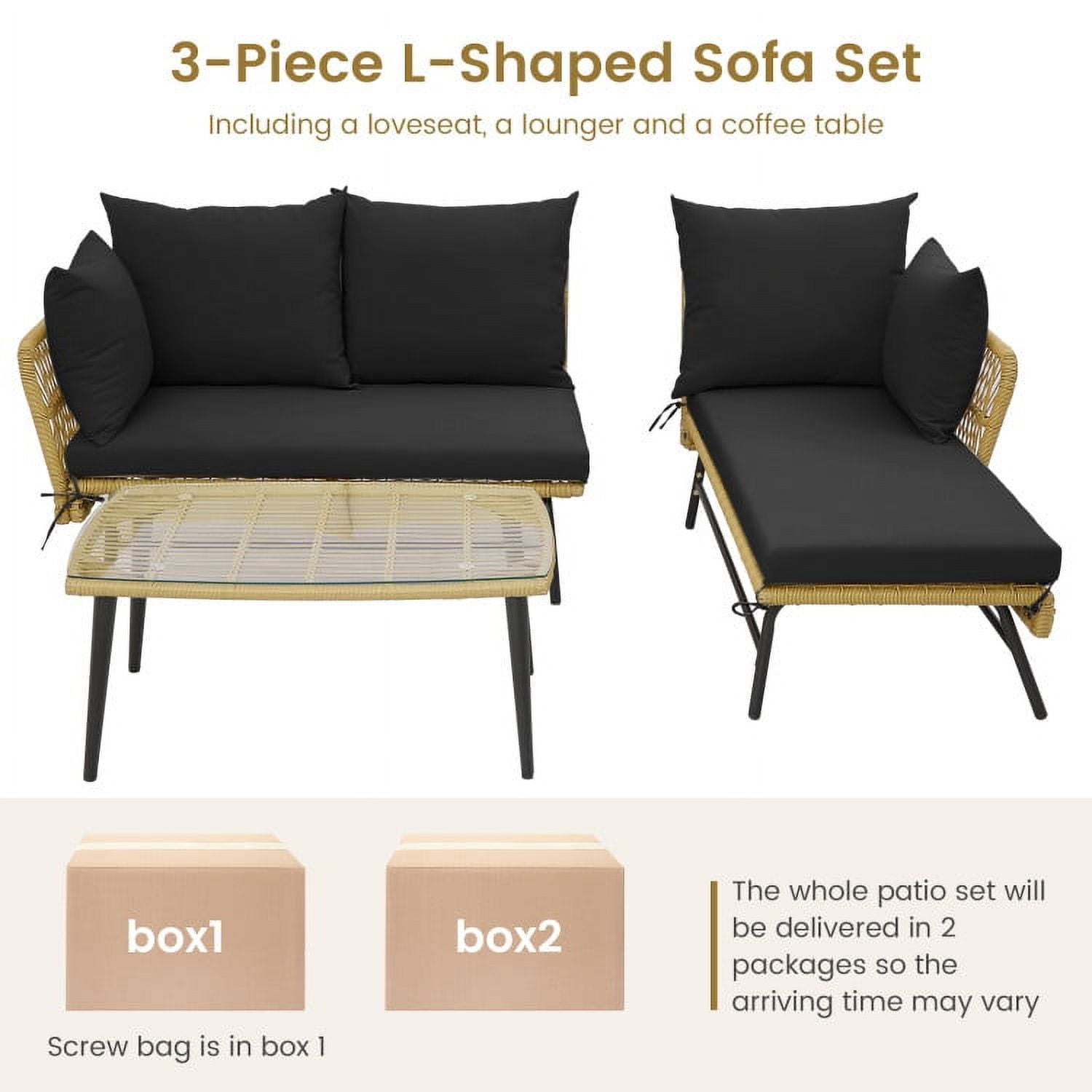 Aimee Lii 3 Pieces L-Shaped Patio Sofa with Cushions and Tempered Glass Table, Outdoor Patio Set, Black Aimee Lii 3 Pieces L-Shaped Patio Sofa with Cushions and Tempered Glass Table, Outdoor Patio Set, Black