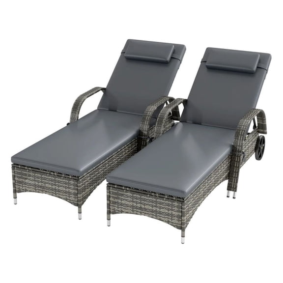 Outdoor Lounge Chairs Set of 2, Gray Chaise Sun Chairs, Patio Armchairs, PE Rattan Wicker, Adjustable Backrest, Wheels, for Poolside, Garden, Backyard