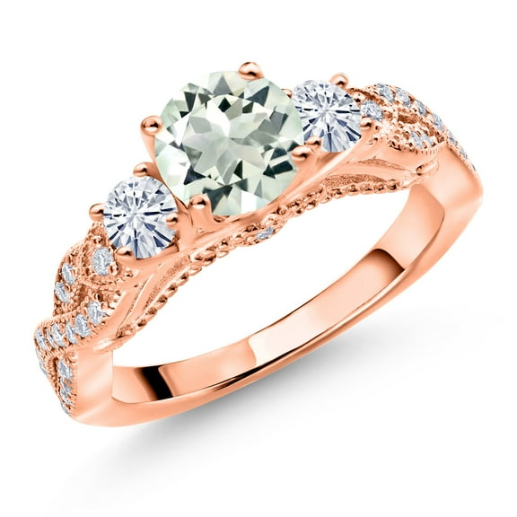 Gem Stone King 18K Rose Gold Plated Silver Green Prasiolite and White Moissanite Engagement Ring for Women (1.27 Cttw, Gemstone, Round 6MM and 3MM, Size 5)