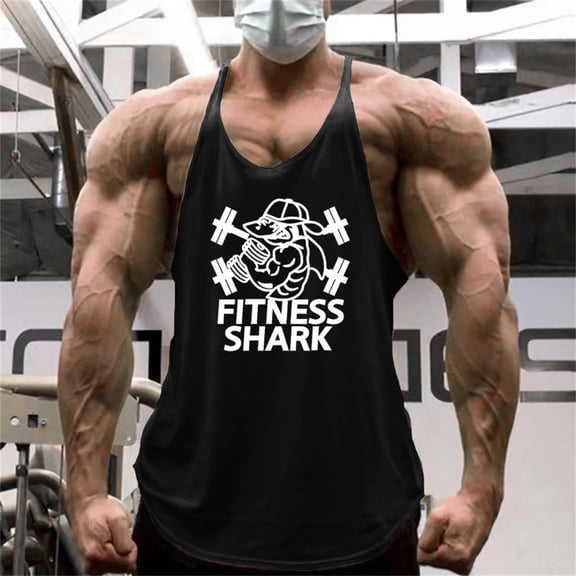 Men's Bodybuilding Stringer Tank Tops Sun Protection Gym Fitness Workout T-Shirts Running Beach Swim Muscle Tee Summer Black M