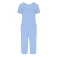 thumbnail image 3 of ShomPort 2 Piece Outfits for Women Pajama Sets Short Sleeve Tops Wide Leg Pants Sets Comfy Fit Sleepwear (Light Blue 24), 3 of 5