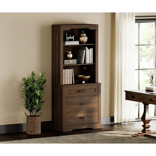WAMPAT 3-Tier Bookcase with 3 Drawers, 73.3-Inch Tall Farmhouse Style Library Shelf, Freestanding Storage Cabinet with Open Shelves for Living Room, Bedroom or Home Office, Rustic Brown