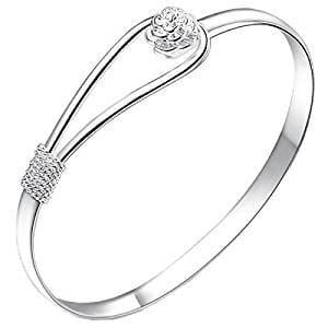 Topbuti 925 Sterling Silver Bracelet Plated Cuff Bangle Bracelet Fashionable Flower Pattern Chain Bracelet Gift for Woman, Valentine's Day Mother's Day 7.7 Dia