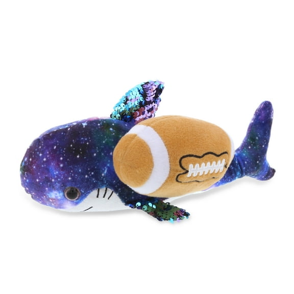 DolliBu Space Sequin Shark Stuffed Animal with Football Plush - Soft Huggable Shark, Adorable Playtime Plush Toy, Cute Ocean Life Gift, Football Plush Animal Toy for Kids, Adults - 12 Inch
