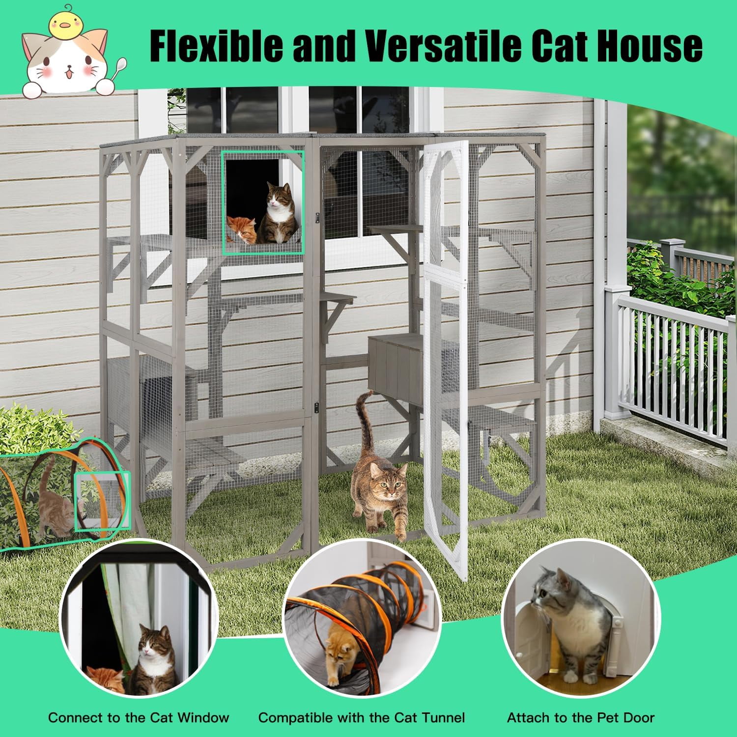PETSCOSSET 71" Large Outdoor Catio Cat Enclosures Wooden Outside Cat's Patio Cats House