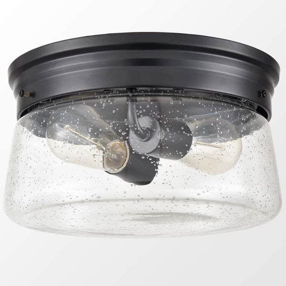 Varallo Modern Black Flush Mount Ceiling Light Seeded Glass Shade