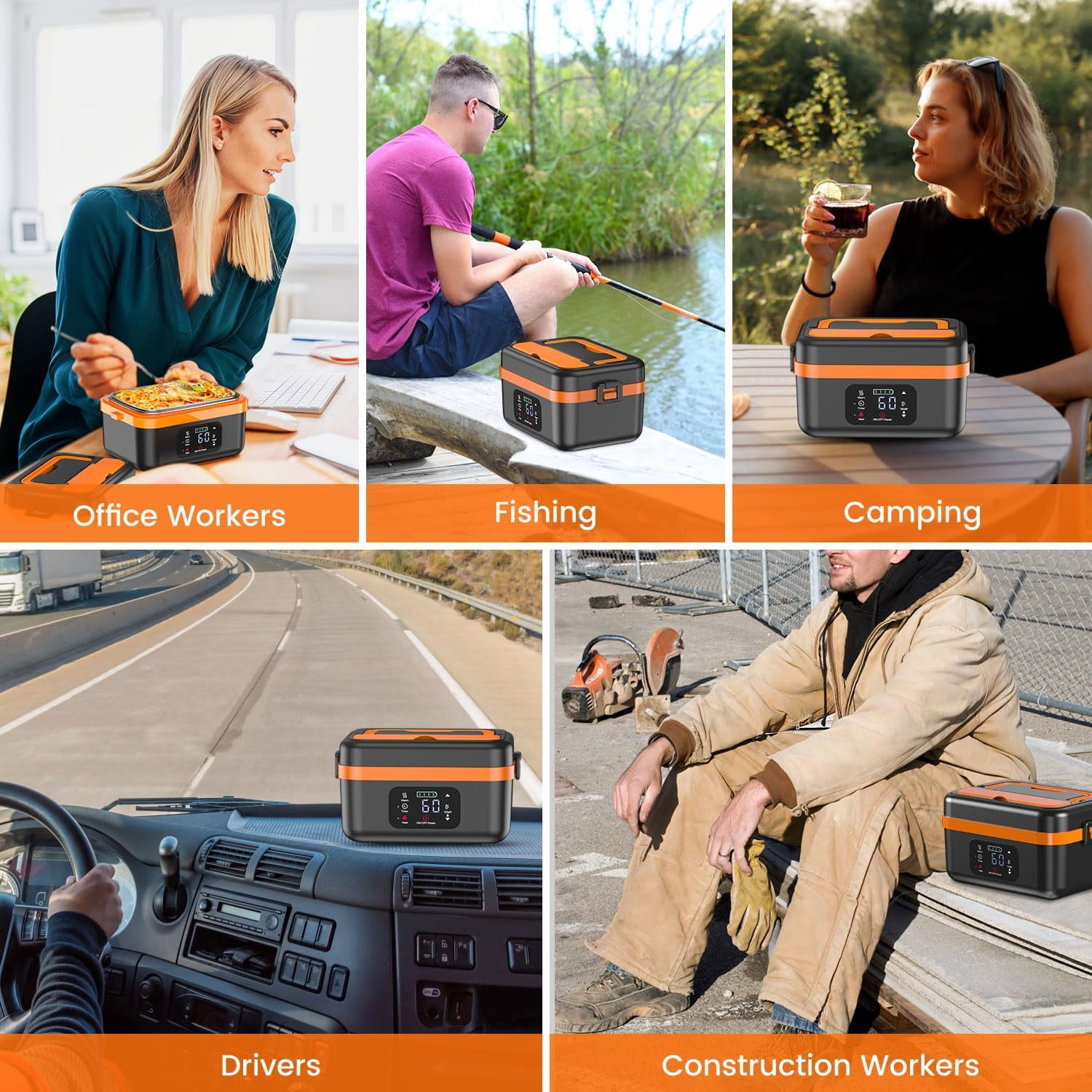 Cordless Electric Lunch Box for Adults, Rechargeable Self-Heating Lunch Box Food Warmer with Timer&Adjustable Heating,34oz/1L Stainless Container with Insulated Bag for Office,Picnic,Car&Outdoor Use