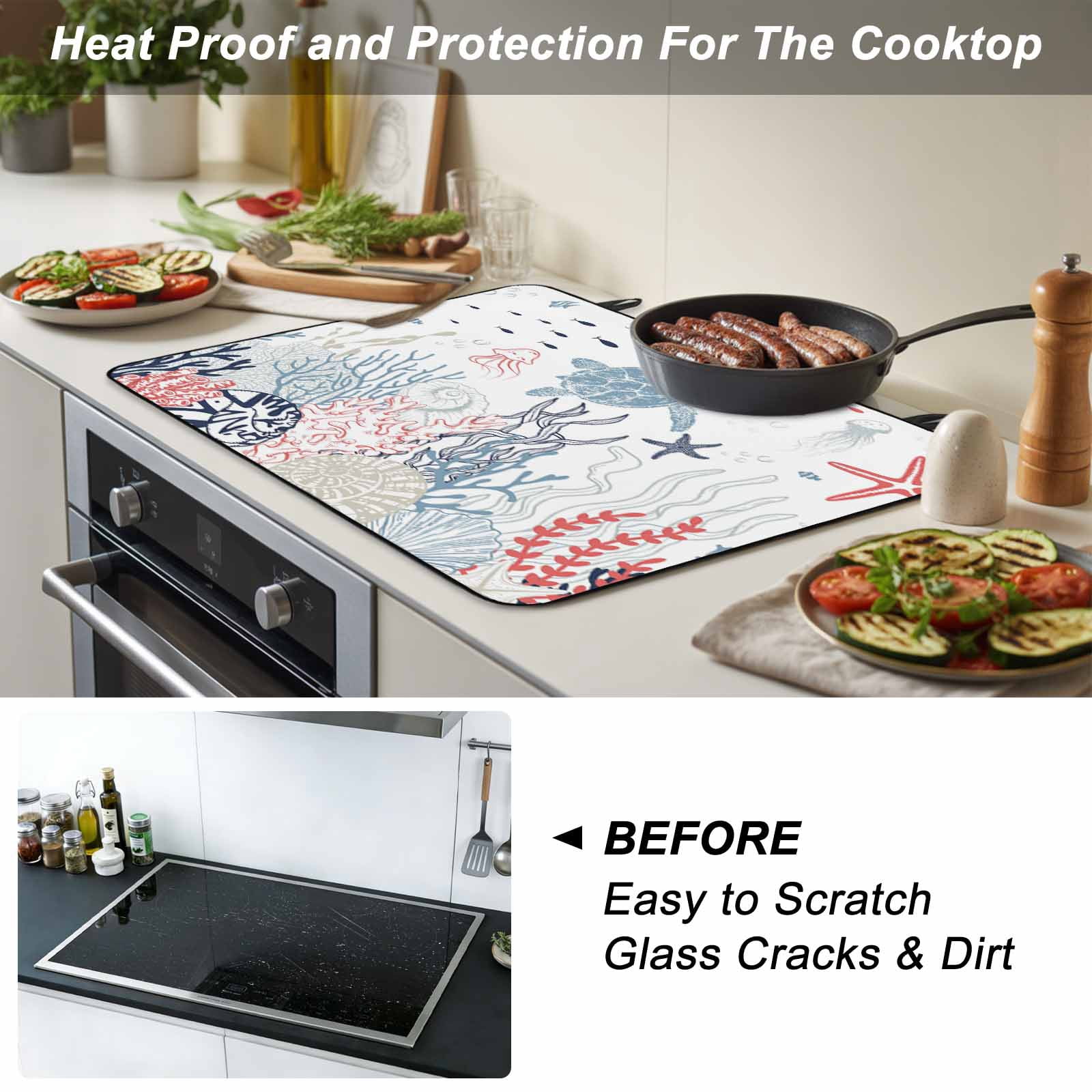 Navy Blue Coastal Stove Top Cover for Electric Stove, Heat-proof & Non Slip Glass Top Stove Cover Protector, Coral Turtle Starfish Jellyfish Kitchen Flat Cooktop Rubber Mat 31x24 Inches