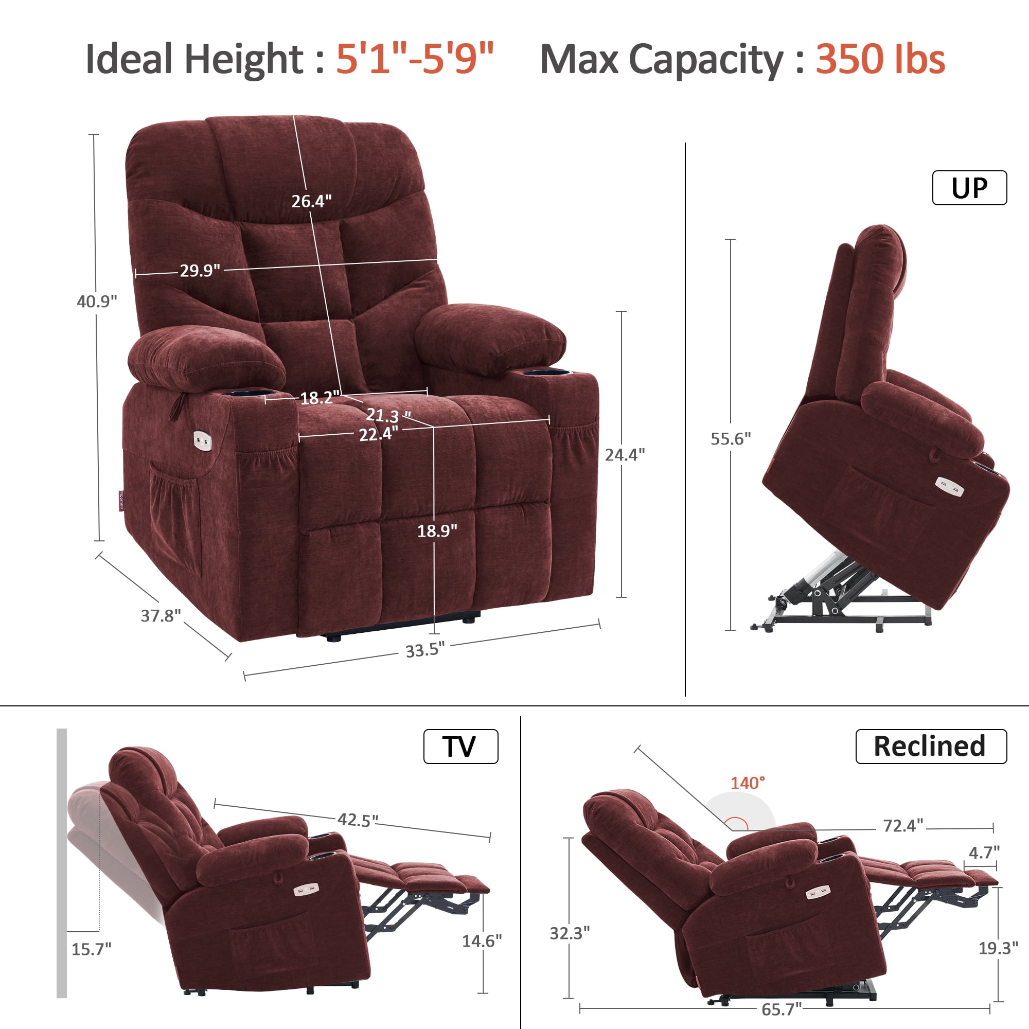 MCombo Regular Power Lift Recliner Chair with Extended Footrest for Elderly People, Fabric 7287 (Burgundy, Regular)