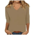 thumbnail image 1 of Spring Tops for Women V Neck Solid Color Casual Summer Basic Top Long Sleeve Basic T Shirts for Women Khaki M, 1 of 4