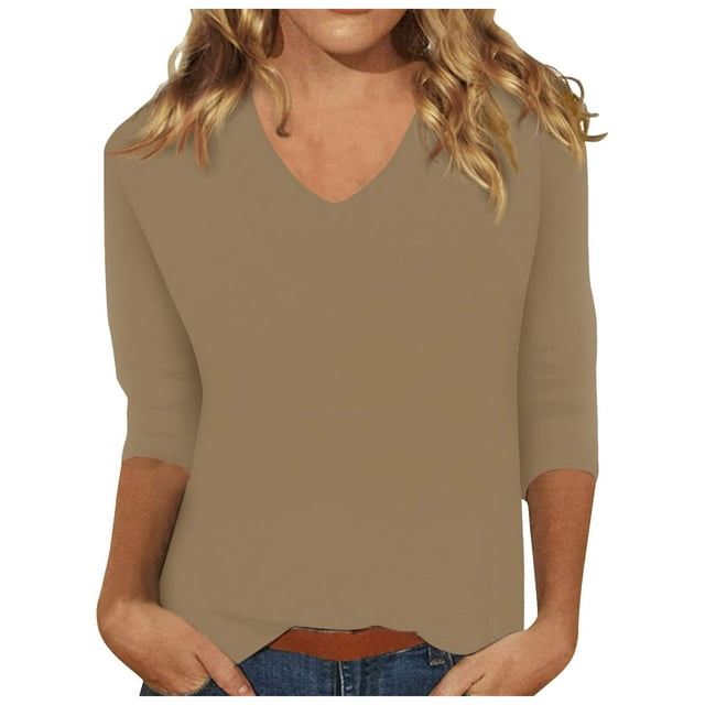 WEIYLL Women's T Shirts V Neck Solid Color Summer Basic 3/4 Sleeve Khaki Tees Sizes XXL