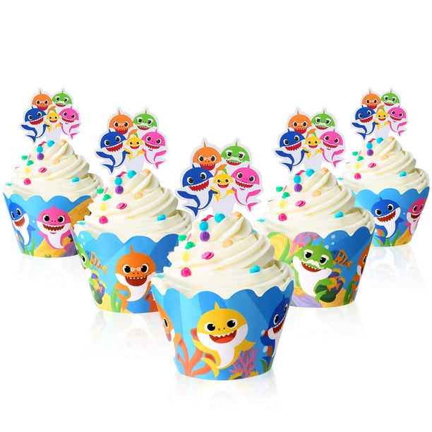Cute Baby Shark Party Supplies C Cute Shark Cupcake Topper And Wrapper Set Of 24 Birthday Party Supplies Baby Shark Cake Decoration Walmart Com Walmart Com