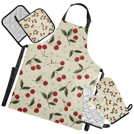 Ryvnso Vintage Cherry Kitchen Apron Oven Mitts Set Pot Holders