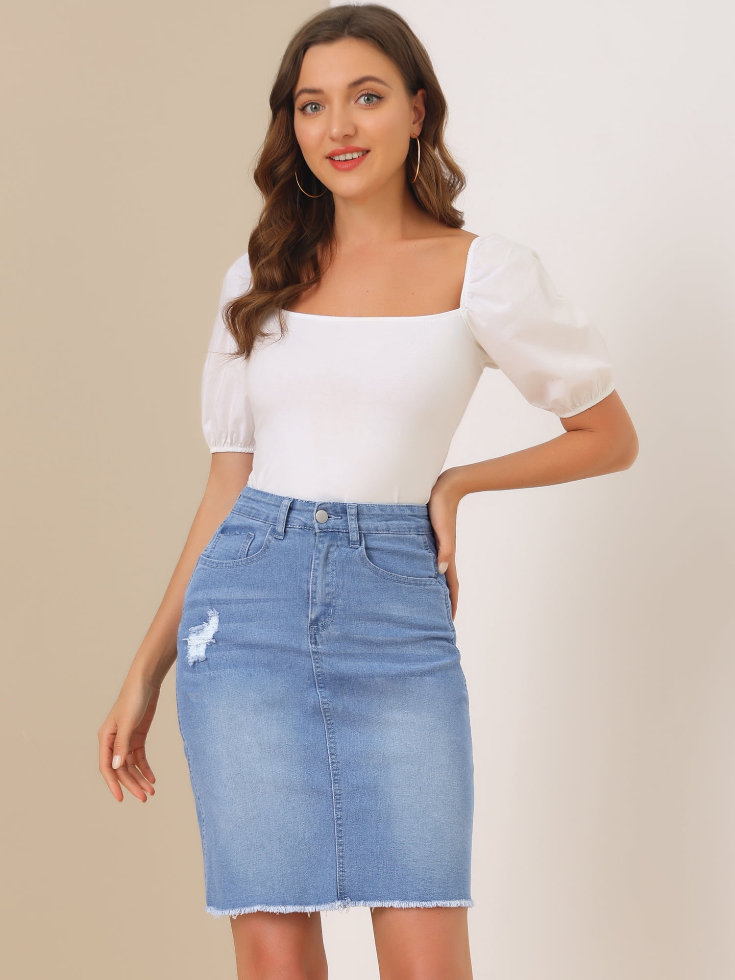DARING DIVA Women's Ripped Hem Washed Jeans Denim Skirt XL Sky Blue