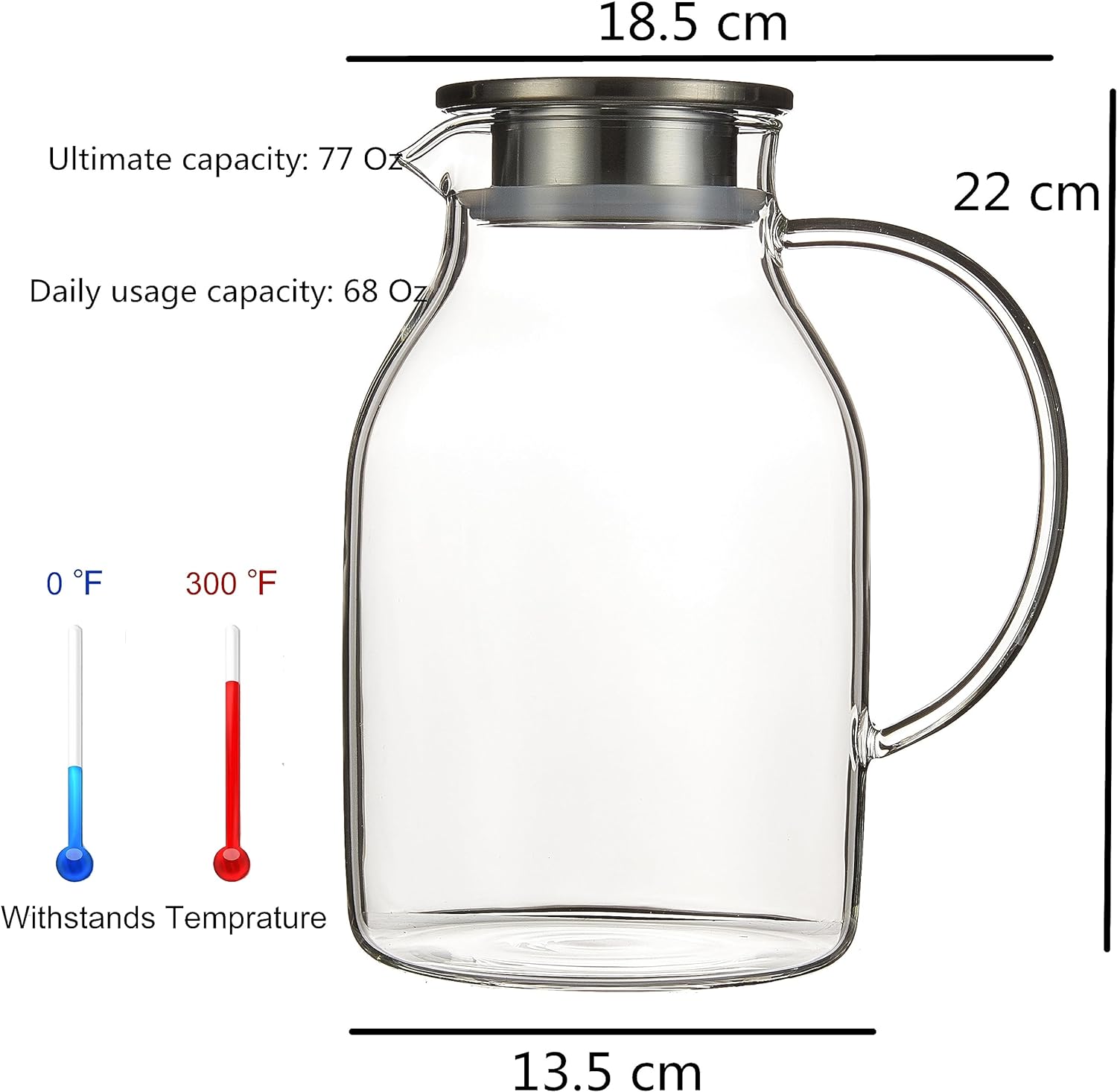 68 Oz/2 Liter Glass Pitcher with Lid, Heat Resistant Water Jug for Hot/Cold Water, Ice tea and Juice Beverage