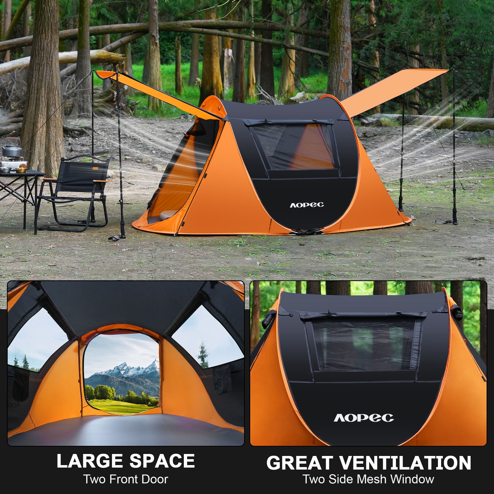 AOPEC Pop Up Camping Tent, 2/4/6 Person Instant Tent Waterproof PU4500mm, Spacious Ventilated Camping Tent with Front Porch, Quick Setup Lightweight Portable for Outdoor Camping Hiking Beach