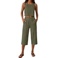 thumbnail image 3 of Women's 2-Piece Linen-Look Lounge Set, Sleeveless Crop Top with High Waist Drawstring Capri Pants, Summer Casual Beach Vacation Outfit Army Green L, 3 of 7