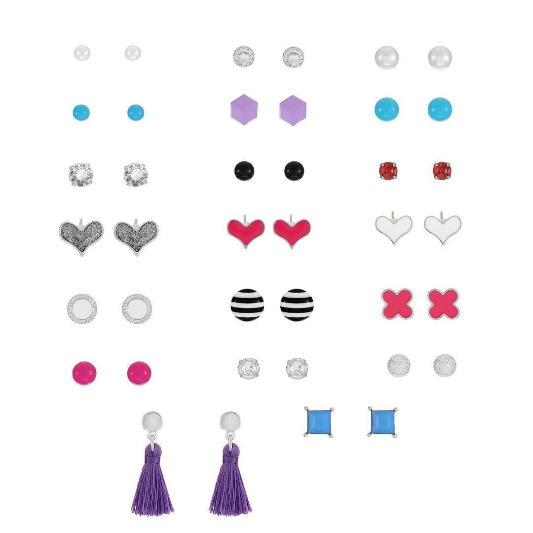 Wonder Nation Girl's Multi-Pack Earring Set, Multicolor Stud Earrings, 21 Pairs